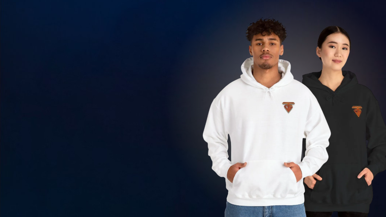 Man and woman wearing white and black hoodies, both with a small brown emblem. Dark background.