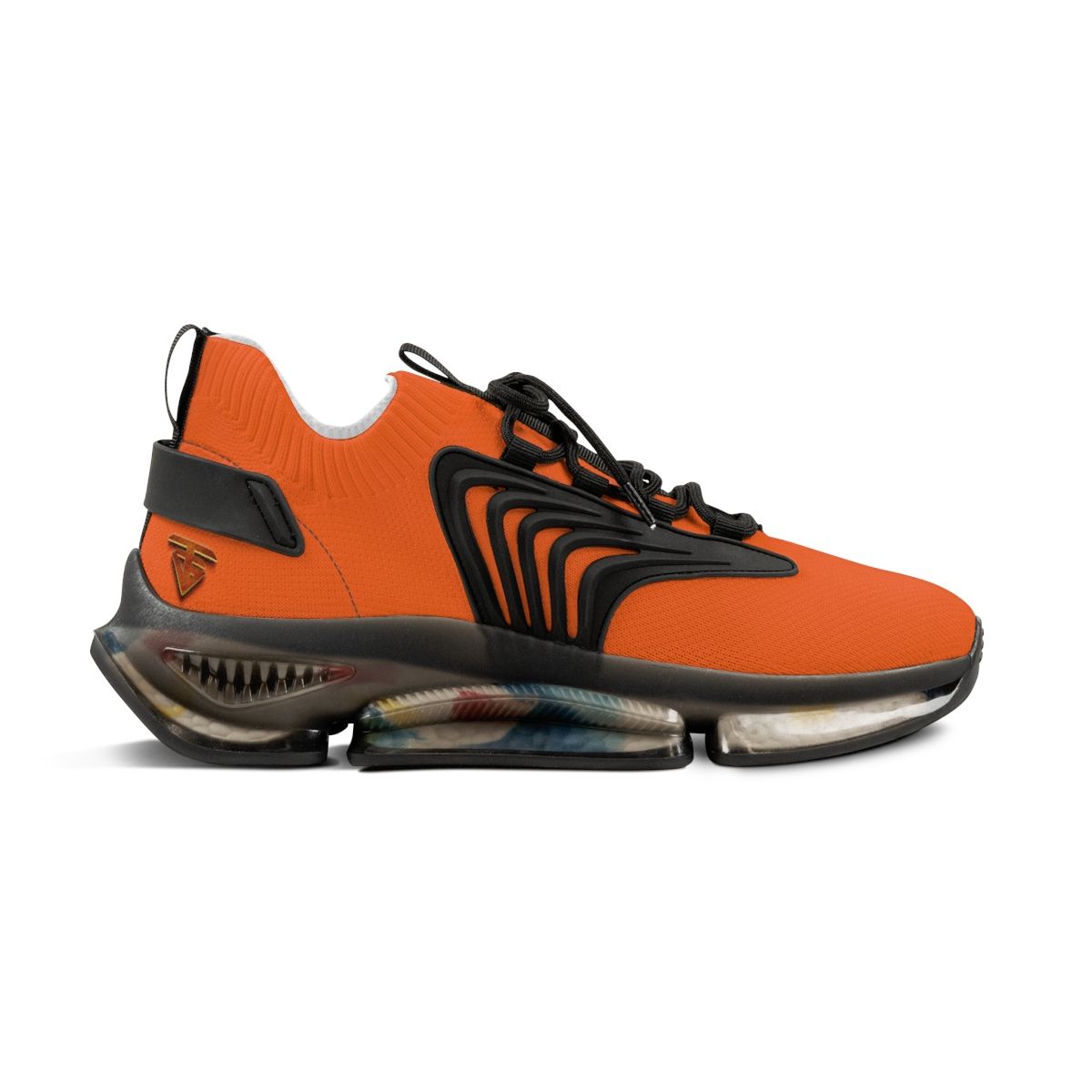 Orange and black athletic shoes with black laces and a clear sole.