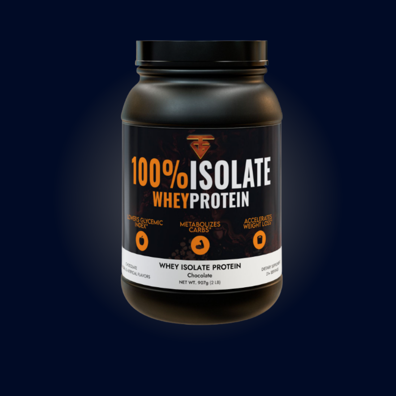 Black protein powder container with orange and white text: