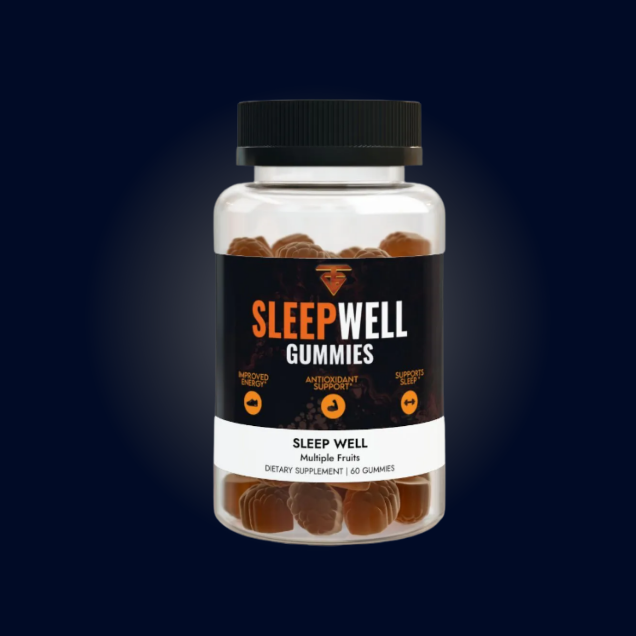 Bottle of SleepWell Gummies, dark brown gummies in a clear container with a black lid, on a dark blue background.