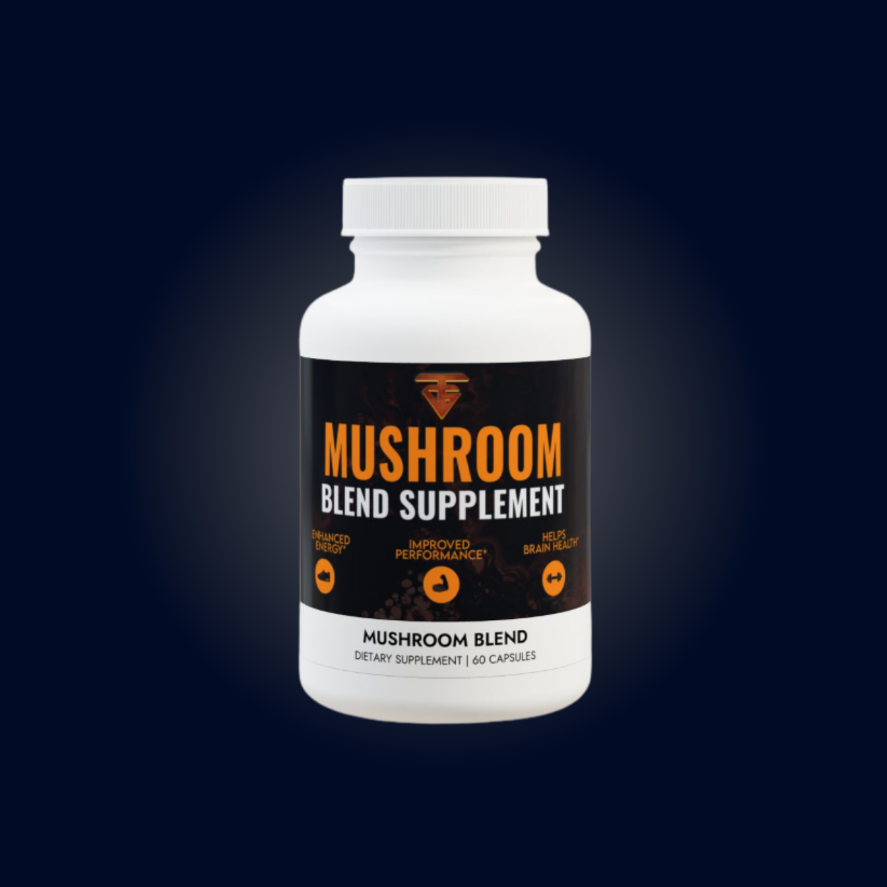 White bottle of mushroom blend supplement with a black and orange label.