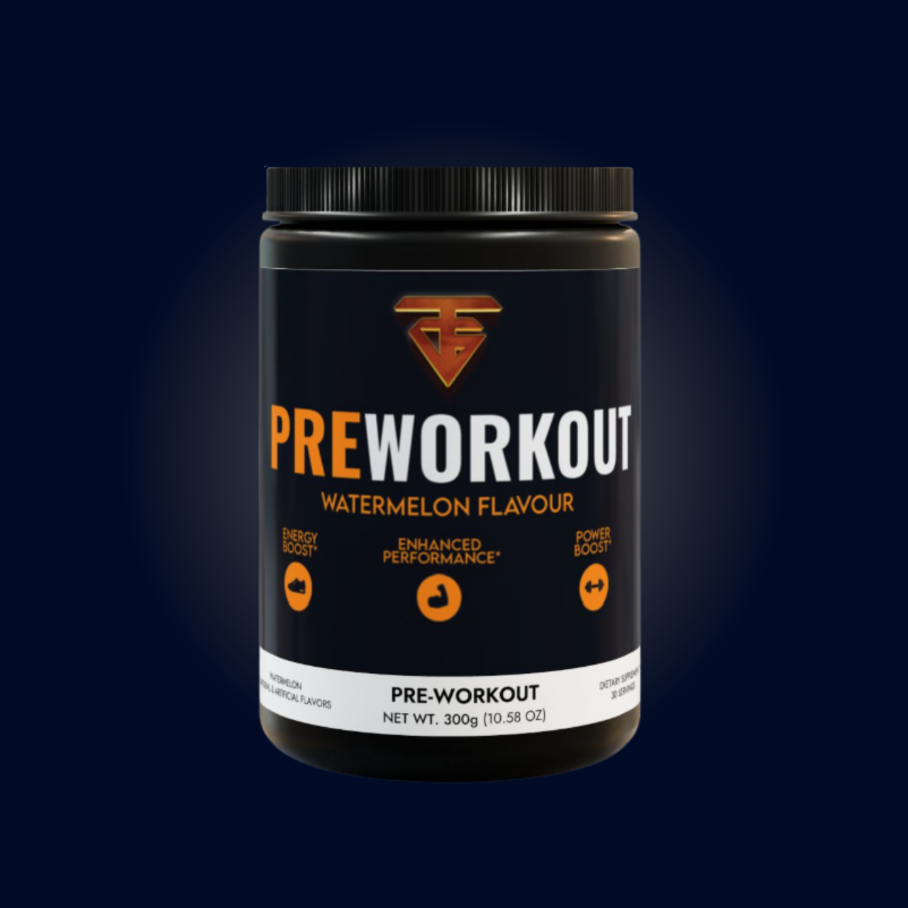Black tub of watermelon-flavored pre-workout supplement, orange text on label, dark blue background.