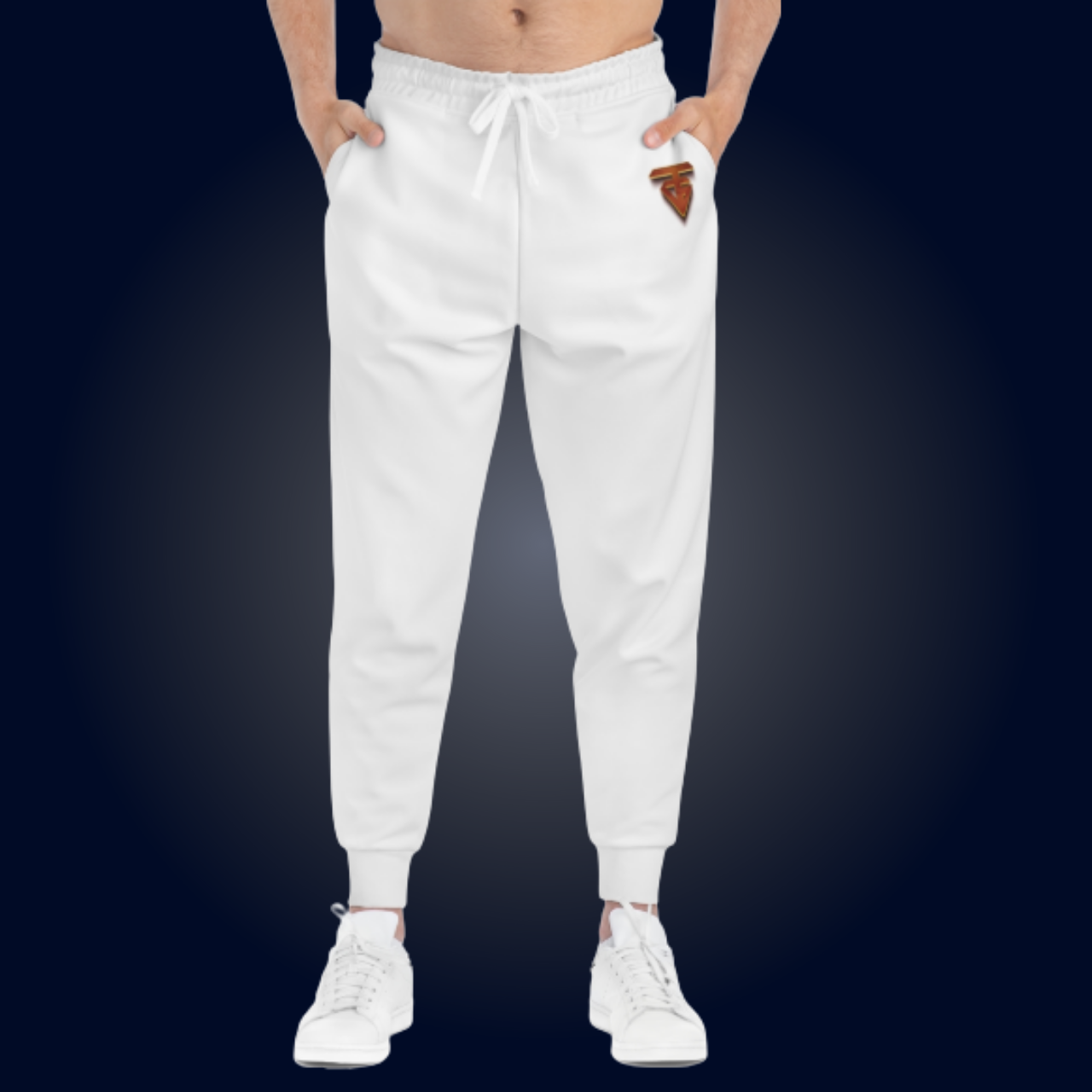 Person wearing white sweatpants, standing with hands in pockets. Brown patch on front, white shoes.