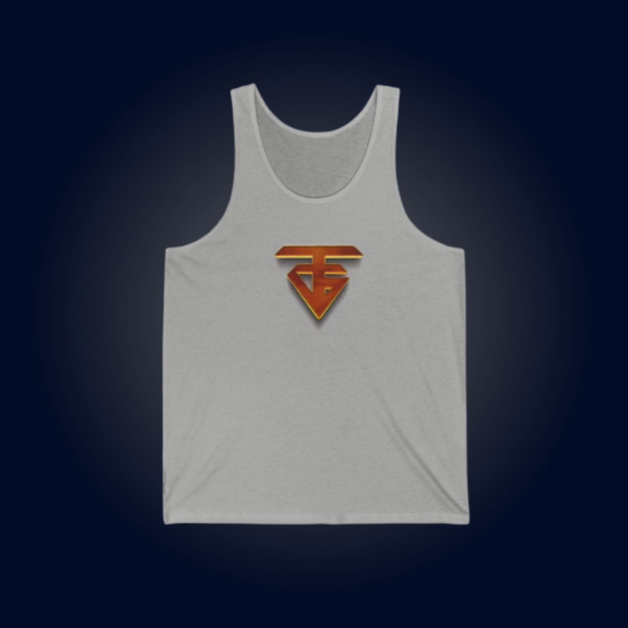 White tank top with a gold and red logo on the front, on a navy background.
