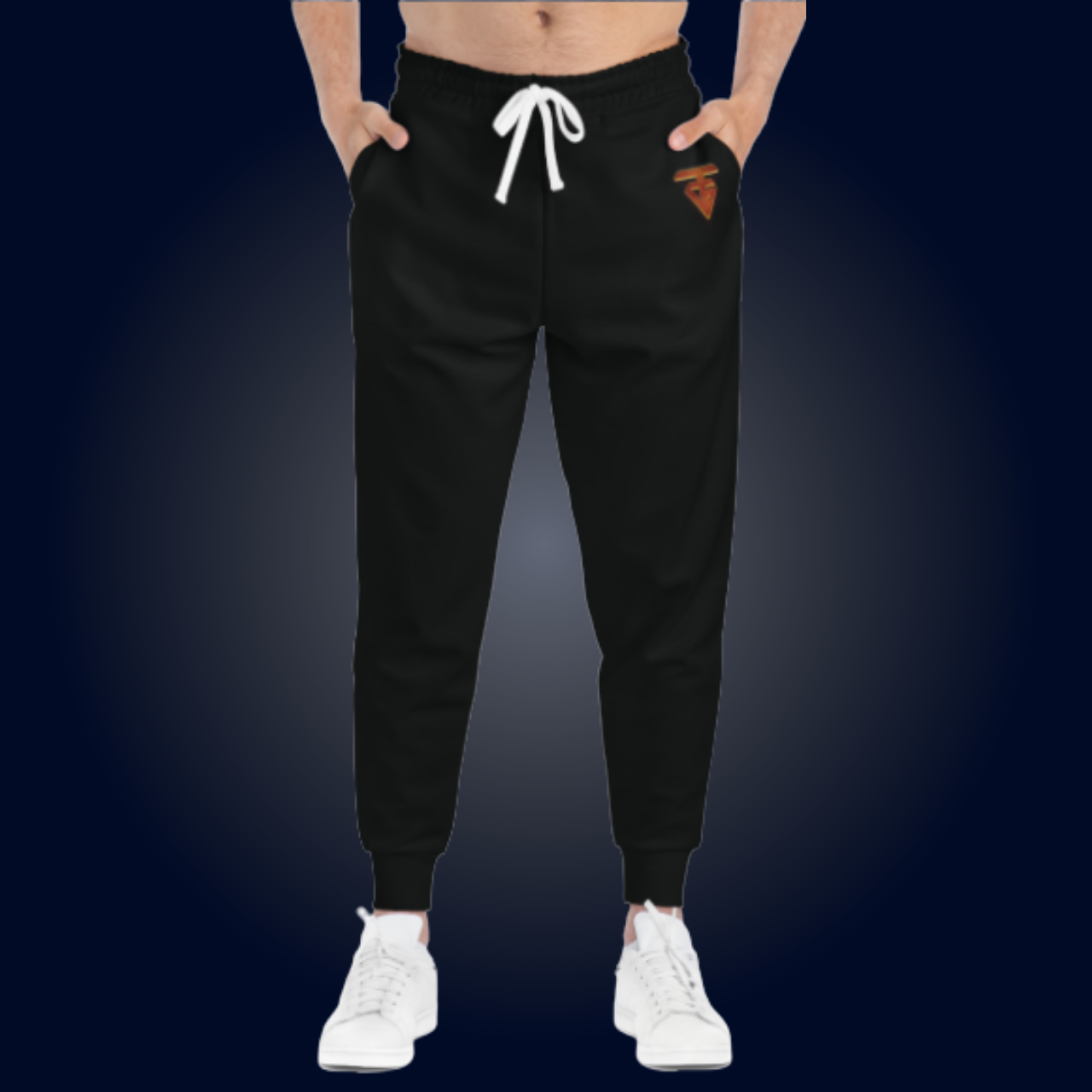 Black joggers with white drawstring and logo, worn with white sneakers.