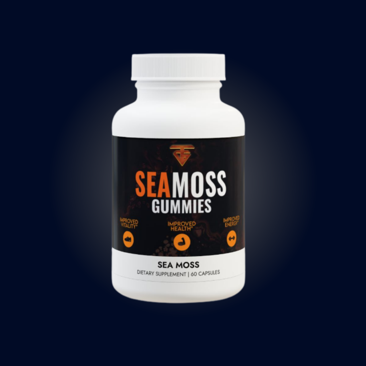 White bottle of Sea Moss gummies with a black and orange label.