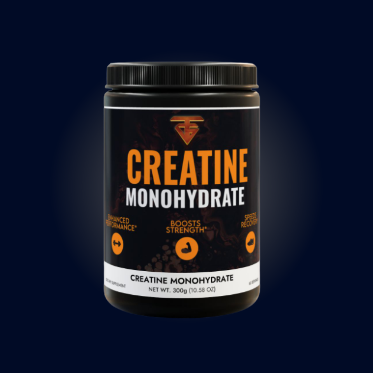 Black container of Creatine Monohydrate supplement, orange text, with taglines “Advanced Performance”, “Boosts Strength”.