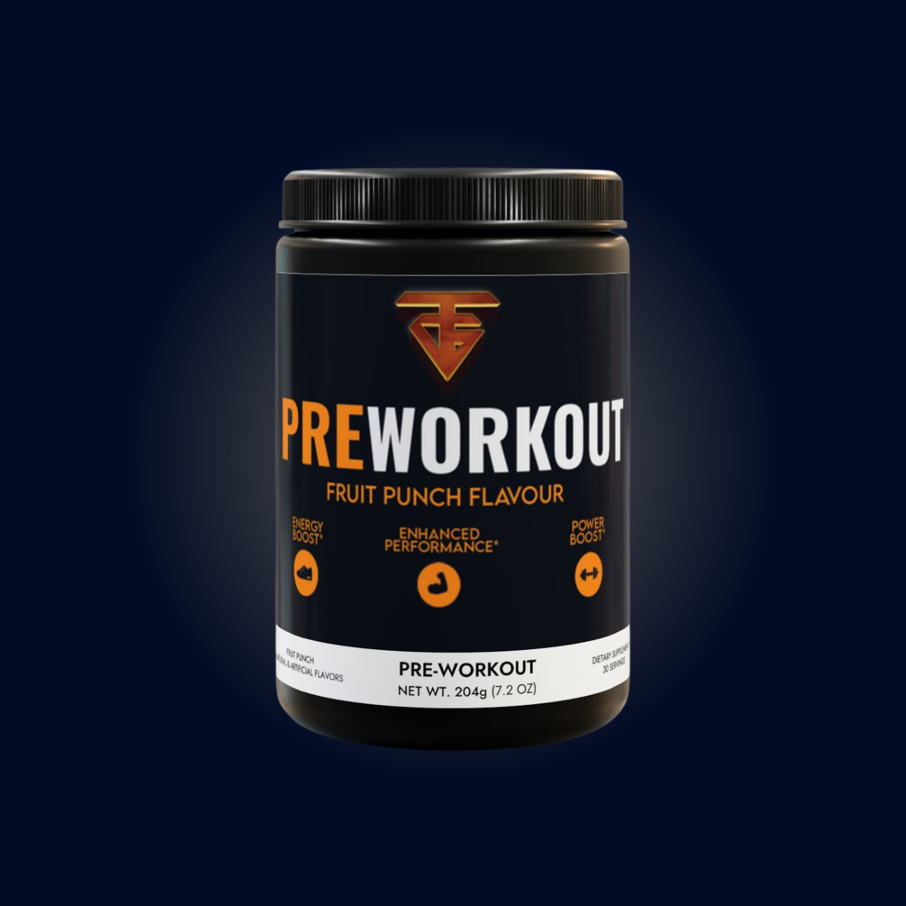 Black container of fruit punch-flavored pre-workout supplement, labeled with orange text and a logo.