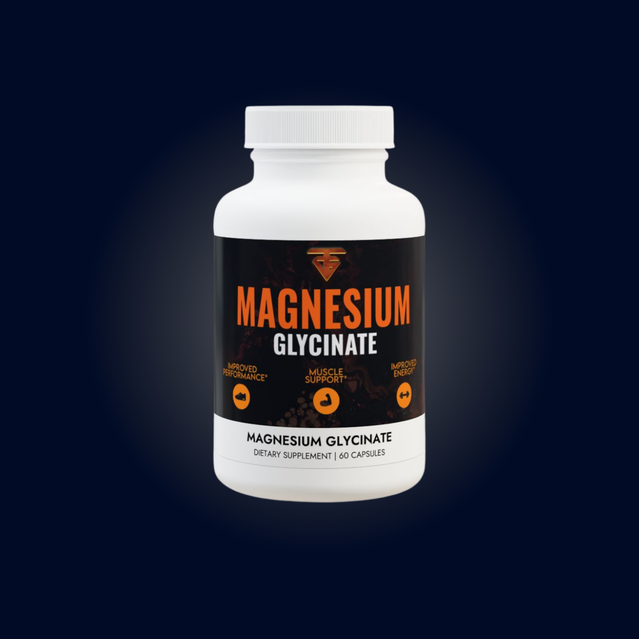 Bottle of magnesium glycinate supplement with black and orange label, dark blue background.