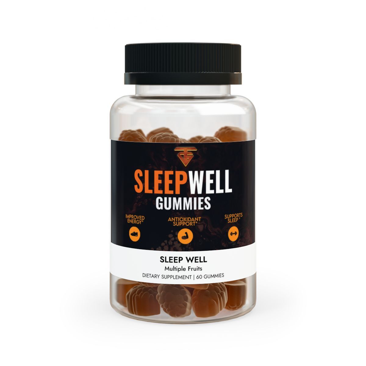 Bottle of SleepWell Gummies, dark brown gummies in a clear container with a black lid, on a dark blue background.