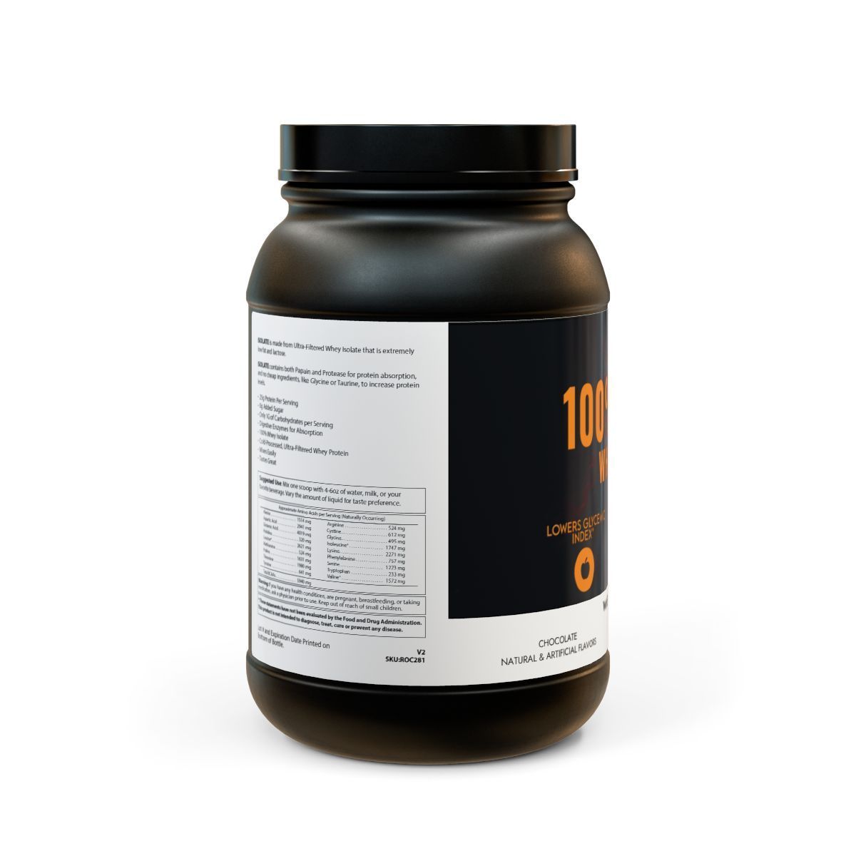 Black protein powder container with orange and white text: