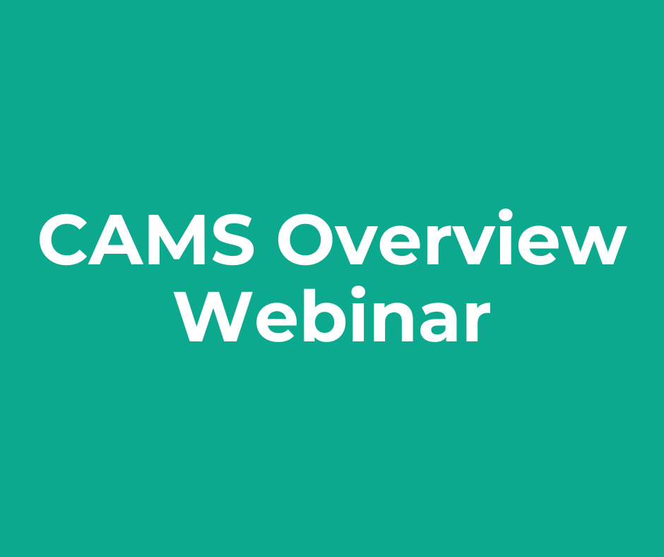 A green background with the words cams overview webinar written on it.