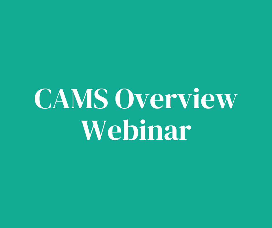 A green background with the words cams overview webinar written on it.