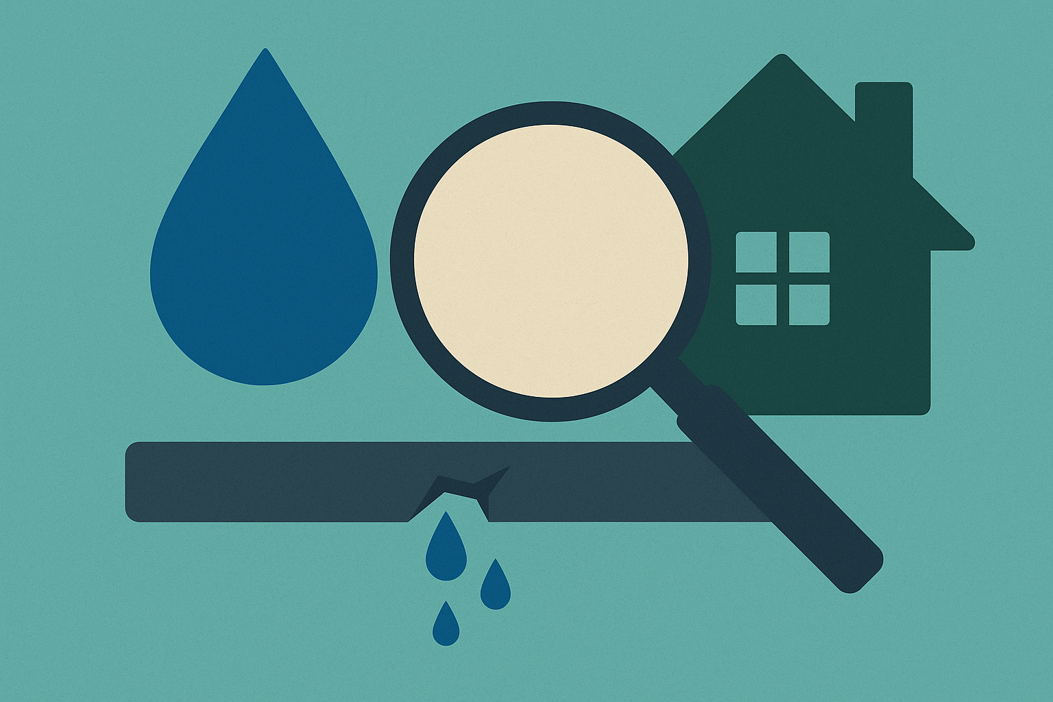 Magnifying glass over a leaking pipe, water drop, and house.