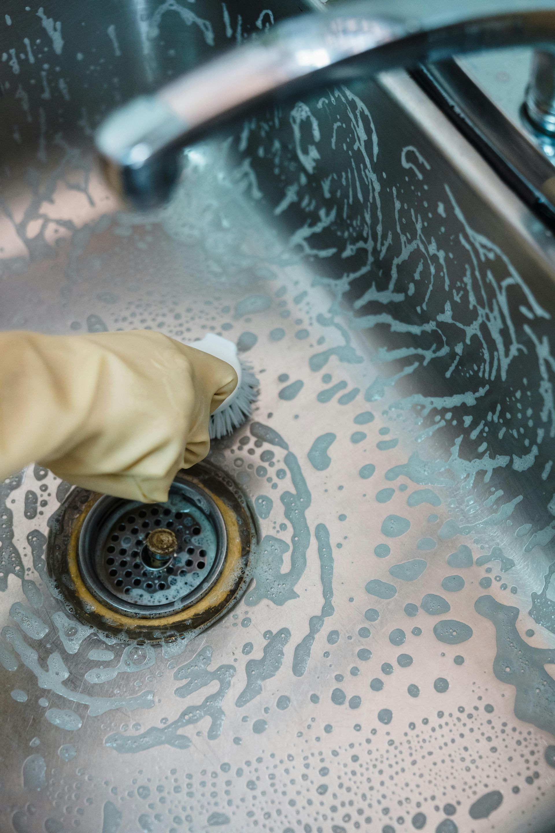 Gloved hand scrubbing a soapy stainless steel sink drain