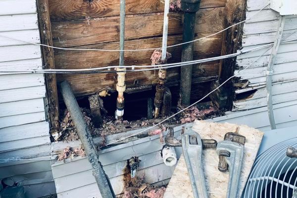 A hole in the side of a house with pipes coming out of it.