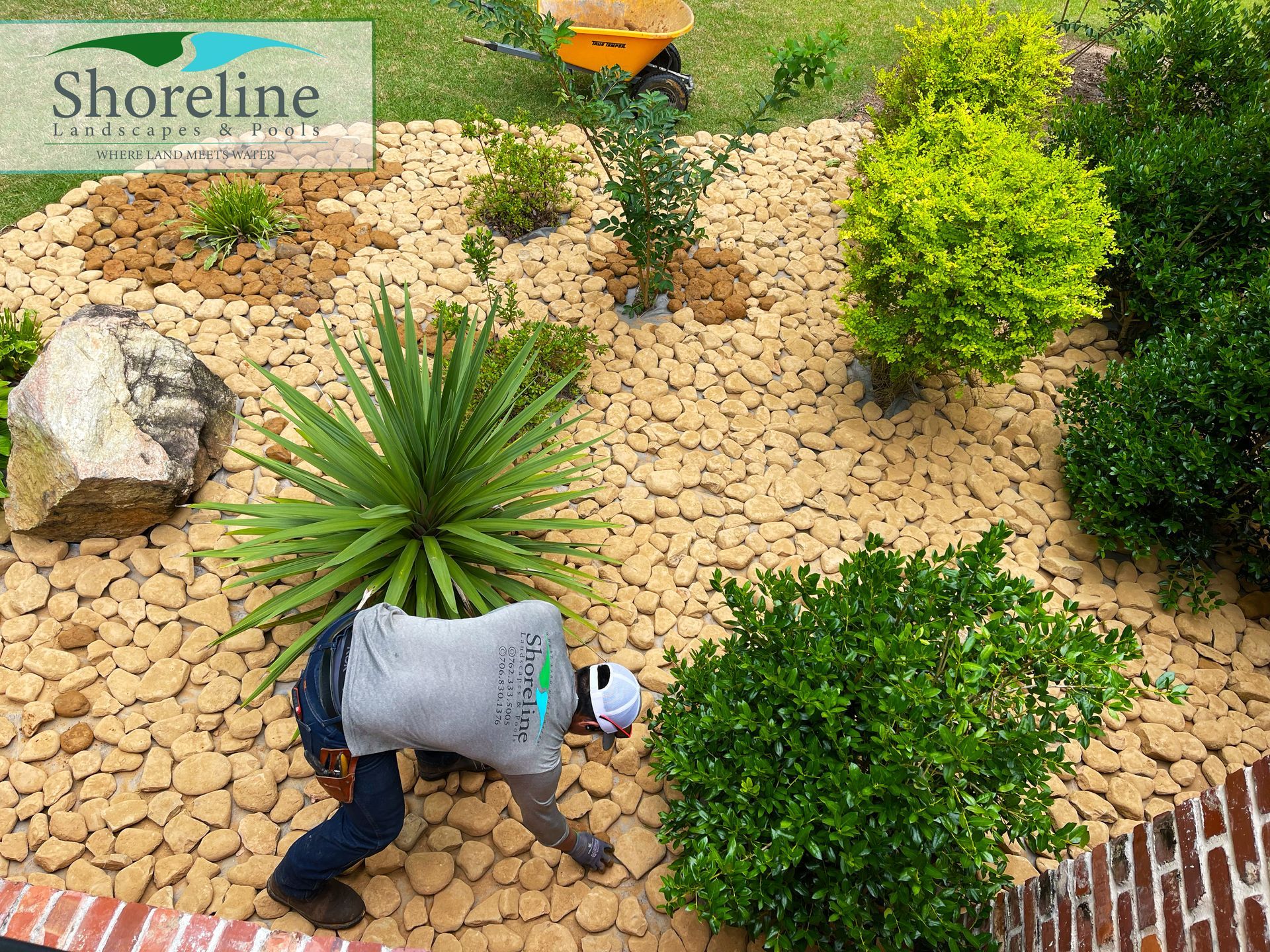 Man working on a rock garden, surrounded by plants and tan pebbles. Shoreline Landscaping logo visible.