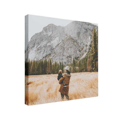 A woman is holding a child in a field in front of a mountain.