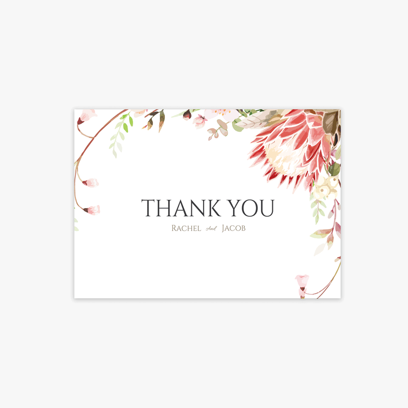 A thank you card with flowers and leaves on it