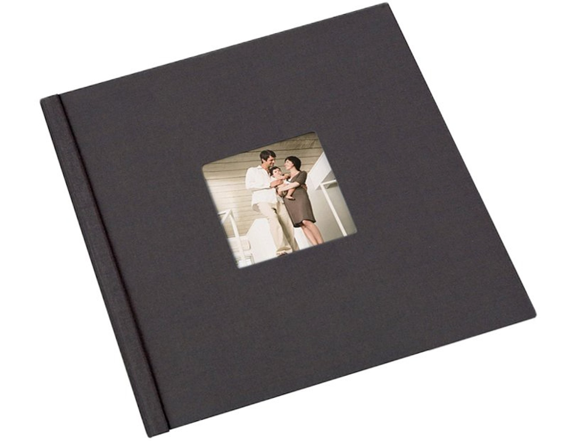 A black photo album with a picture of a man and woman holding a baby