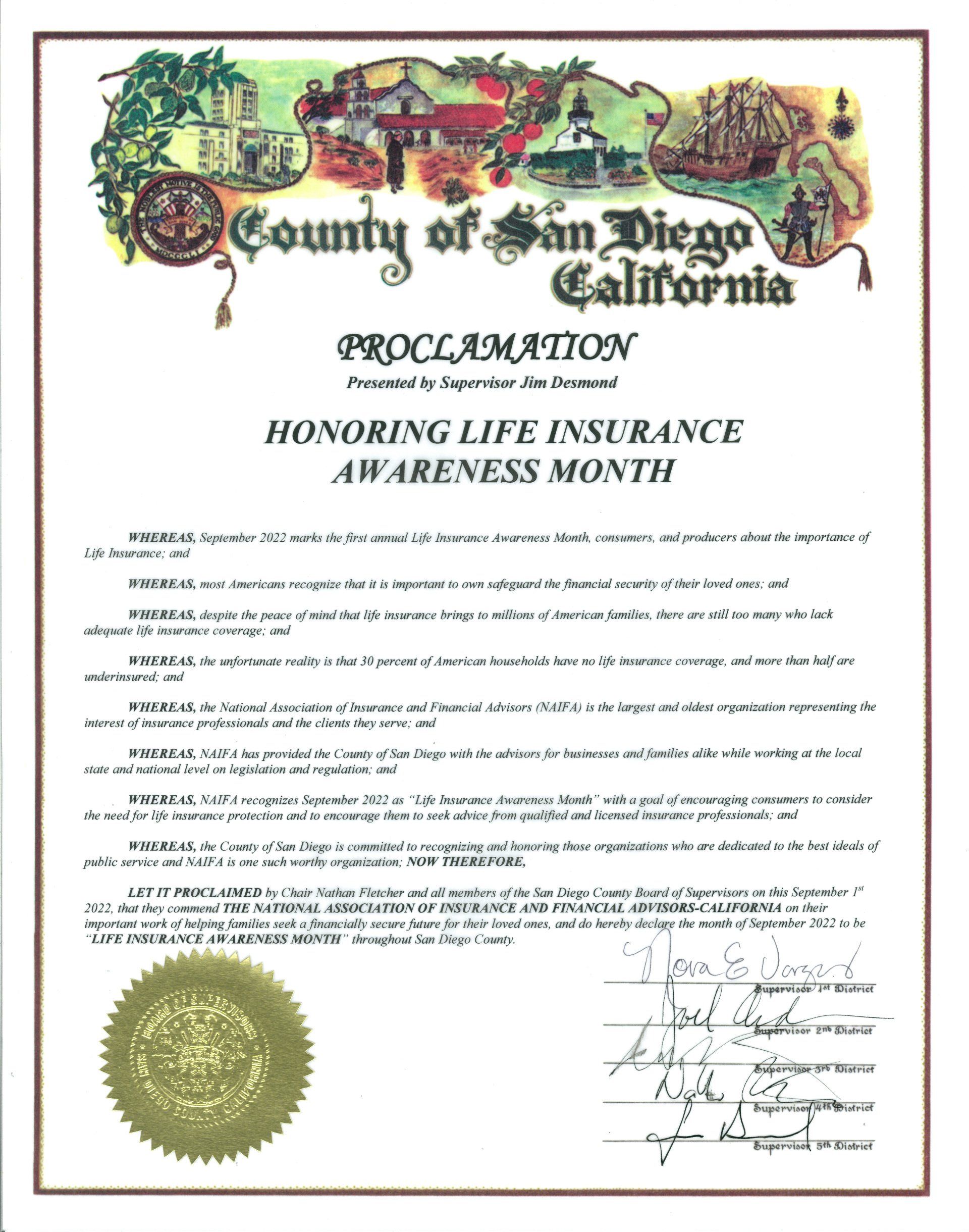 A proclamation from the county of san diego california honoring life insurance awareness month