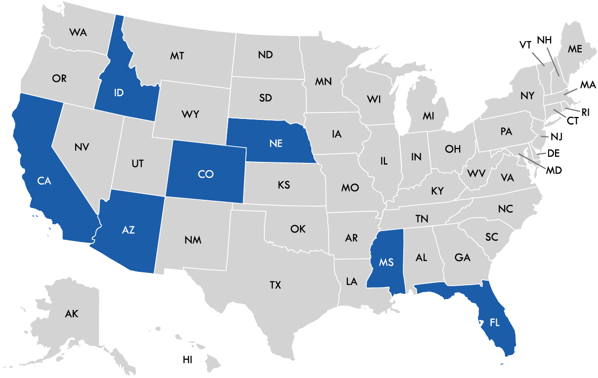 A map of the united states with blue states highlighted