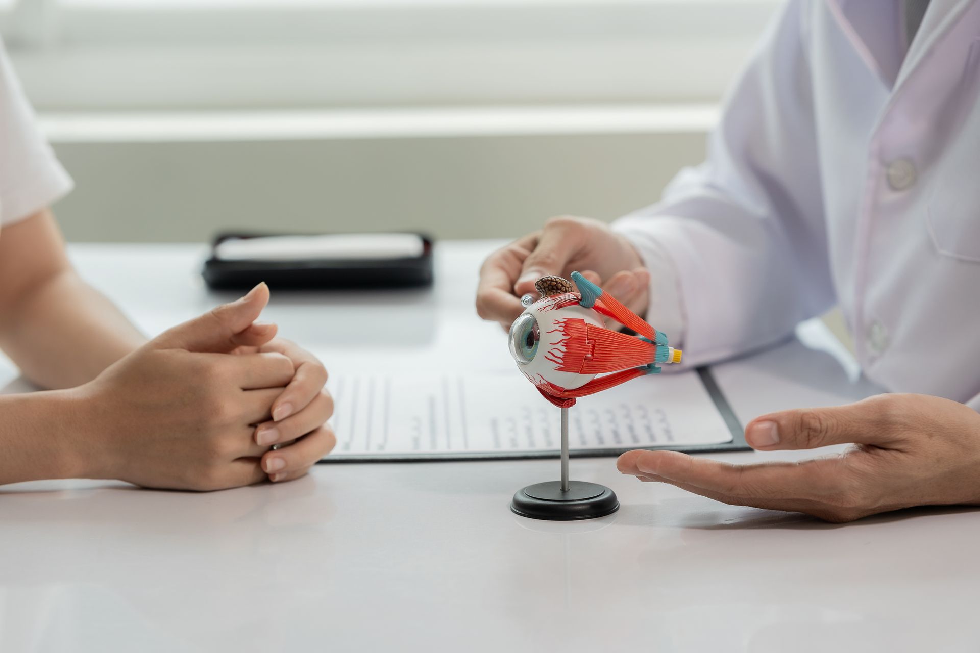 Doctor showing a model eye to a patient, discussing eye health.