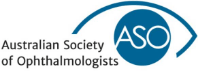 Logo of Australian Society of Ophthalmologists: Eye shape with ASO inside a circle. Blue and white.