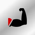 A black and red icon of a muscular arm on a gray background.