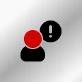 A person with a red circle and an exclamation point in a black circle.