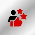 A black and red icon of a person giving a thumbs up with three stars.