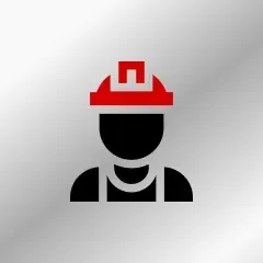 A black and red icon of a man wearing a hard hat.