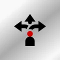 A black and red icon of a person with four arrows pointing in different directions.