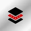 A black and red icon of a stack of blocks on a gray background.