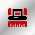 A black and red icon of a ruler on a gray background.