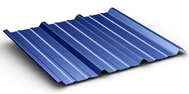 A blue metal roof is laying on a white surface.