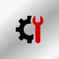 A black gear and a red wrench on a gray background.