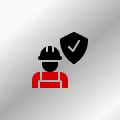 A man wearing a hard hat and a shield with a check mark on it.