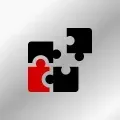 A black and red puzzle piece icon on a gray background.