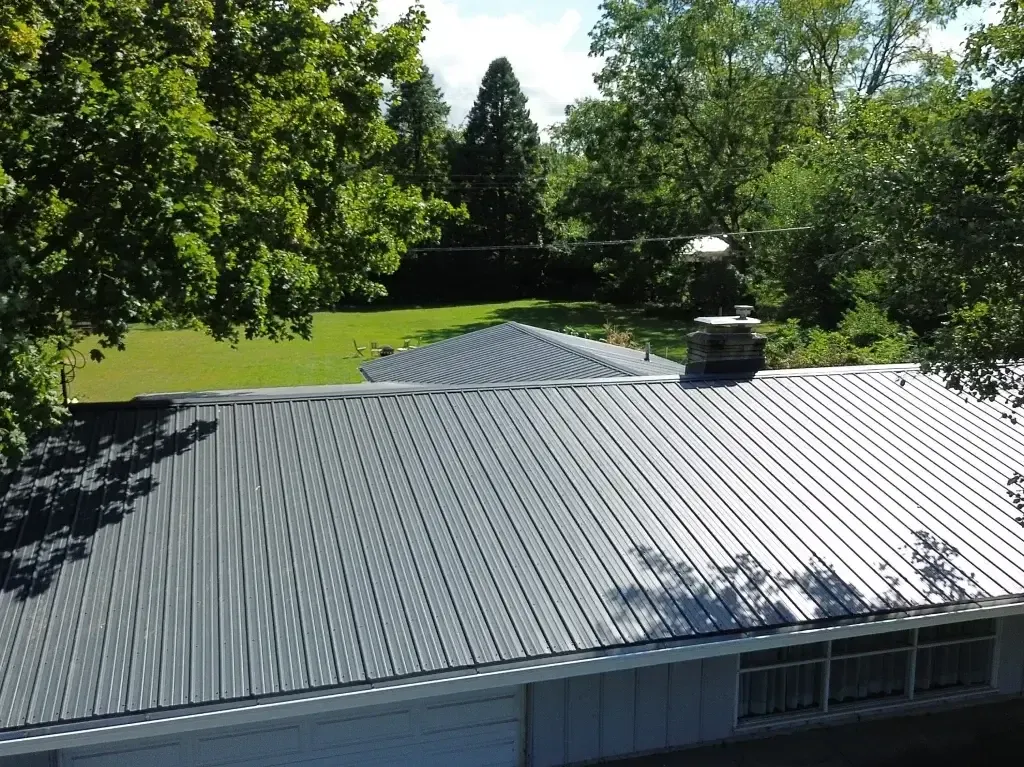 A roof of a house with trees in the background