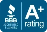 The bbb accredited business a+ rating logo is blue and white.