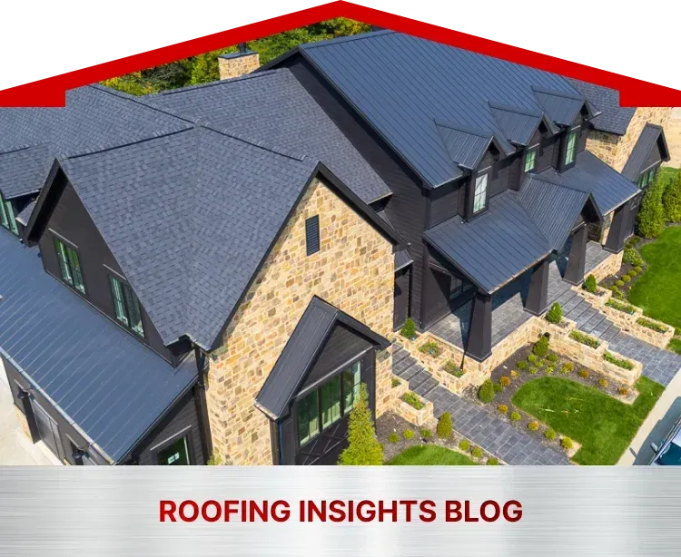 An aerial view of a house with the words roofing insights blog below it