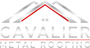 The logo for cavalier metal roofing shows a house with a red roof.