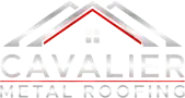 A logo for cavalier metal roofing with a red roof.