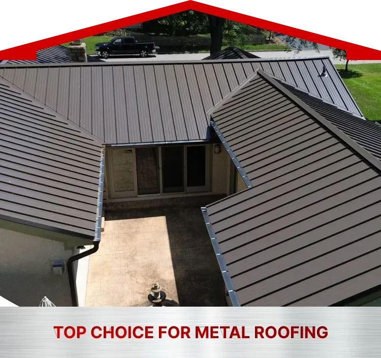 A house with a metal roof and the words top choice for metal roofing