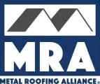 The logo for the metal roofing alliance is blue and white.