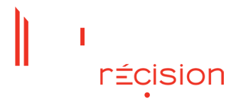 Un logo rouge et blanc qui dit précision sur fond blanc.