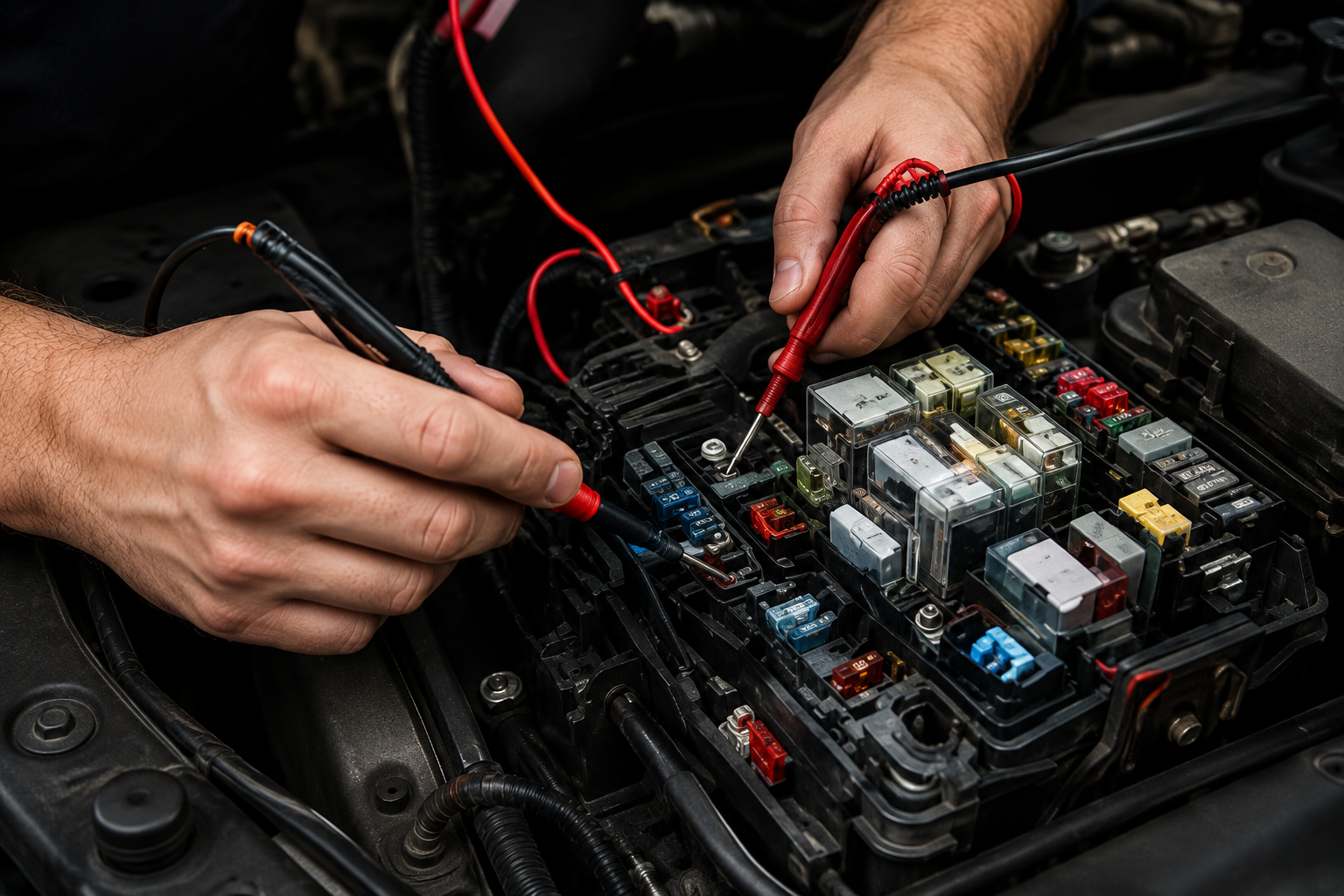 Hands testing car fuse box with red and black multimeter probes under the hood