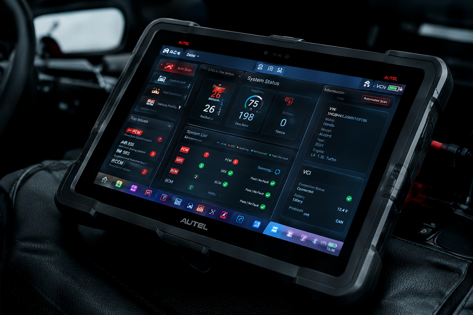 In-car dashboard touchscreen showing a dark car monitoring interface with red, green, and blue status indicators