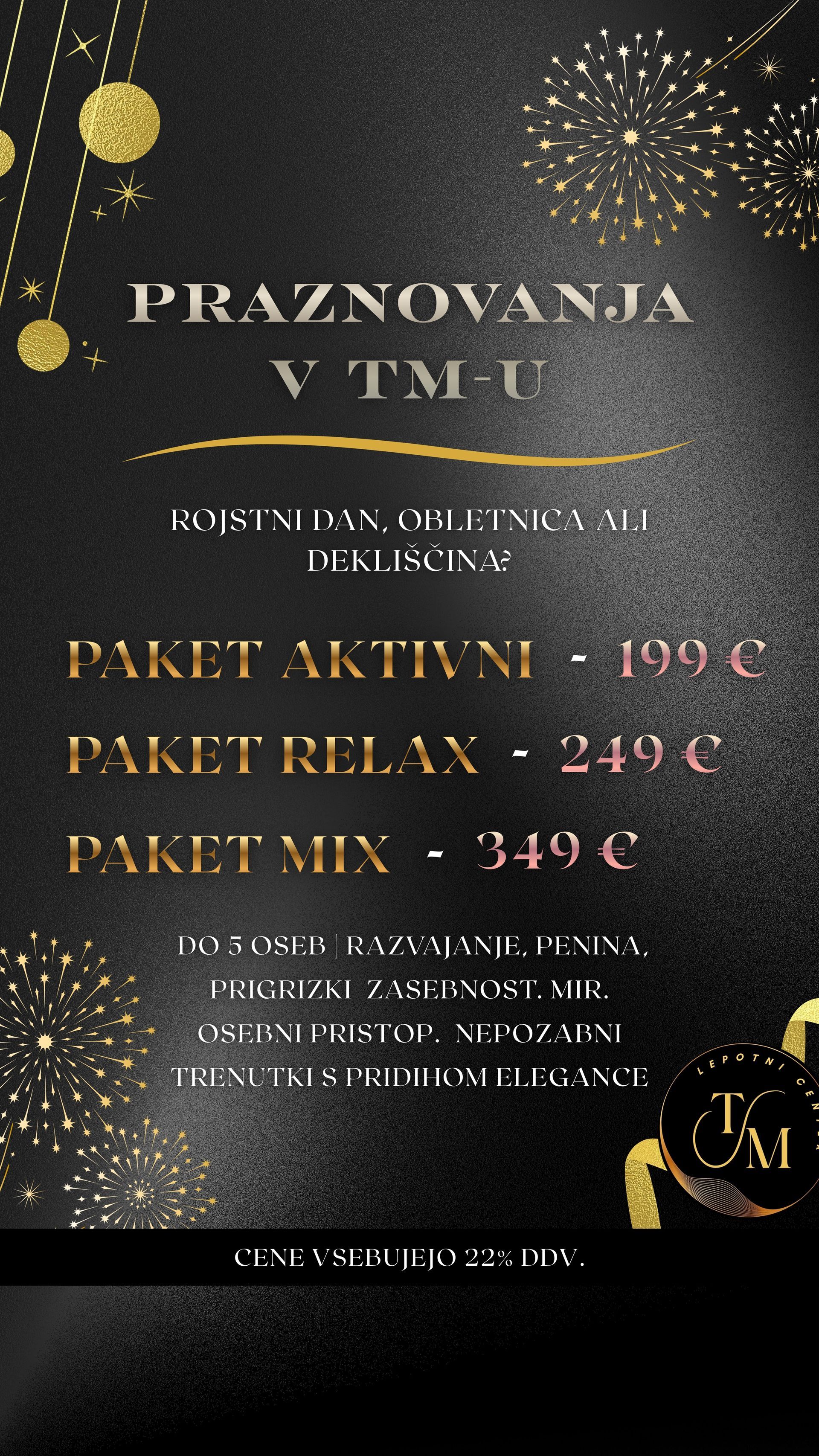 Oglas za praznovanja v TMU, s seznamom paketov Active, Relax in Mix s cenami.
